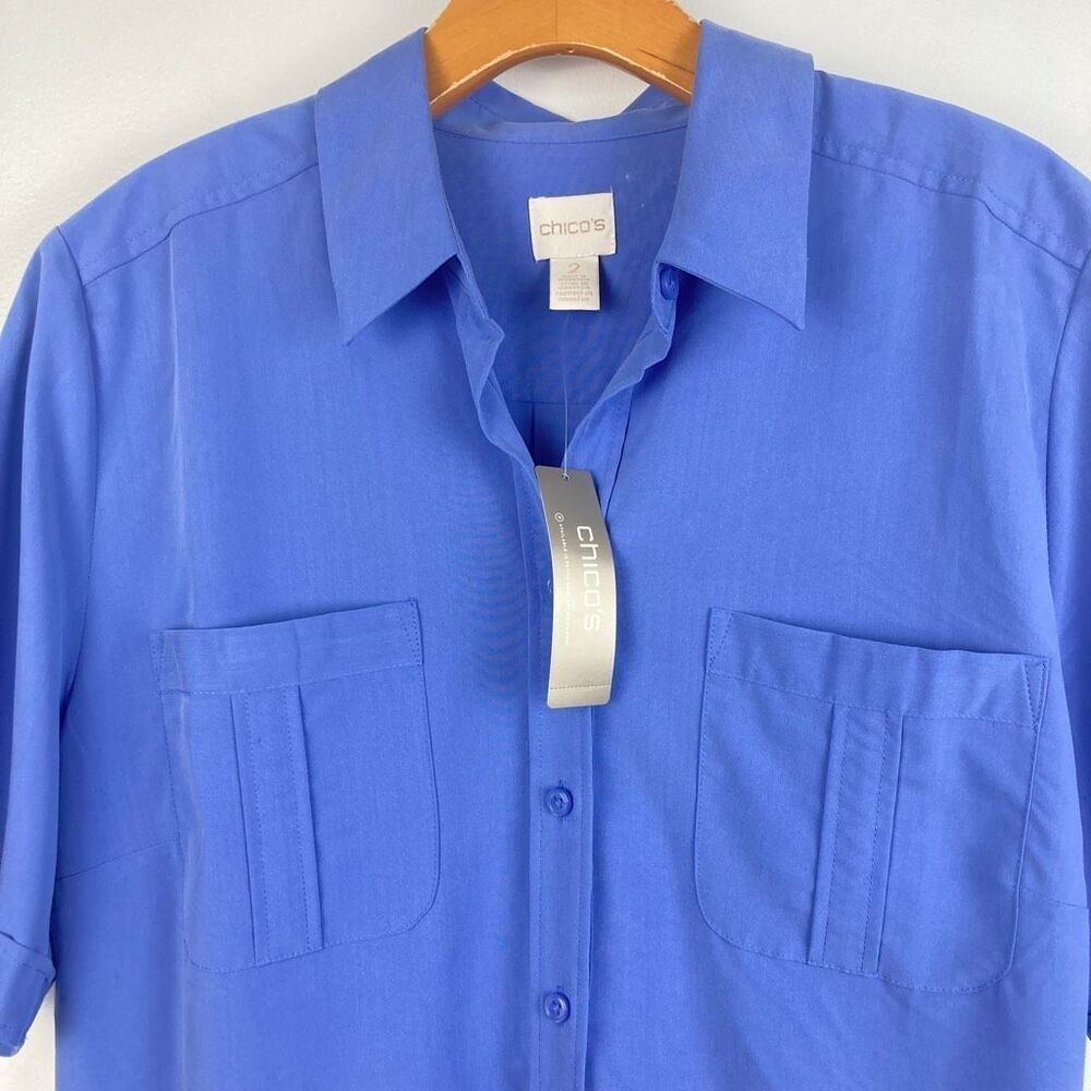 Chico's Silky Soft Long Shirt Button Front Short Sleeve Top Smokey Blue sz 2/ L - Picture 2 of 8